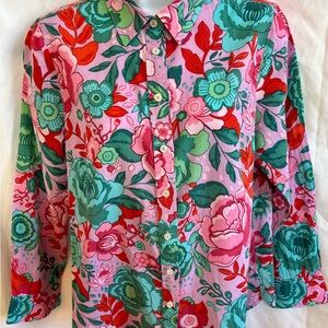 Talbots Pink Floral Button-Front Shirt with Green & Red Accents